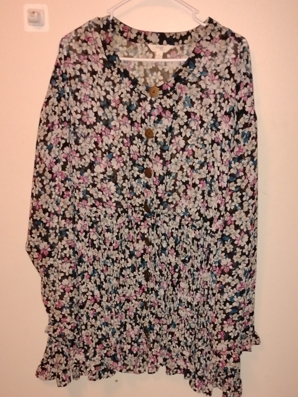 Terra & Sky Black Floral Long Sleeve Dress with Pink & Blue Flowers